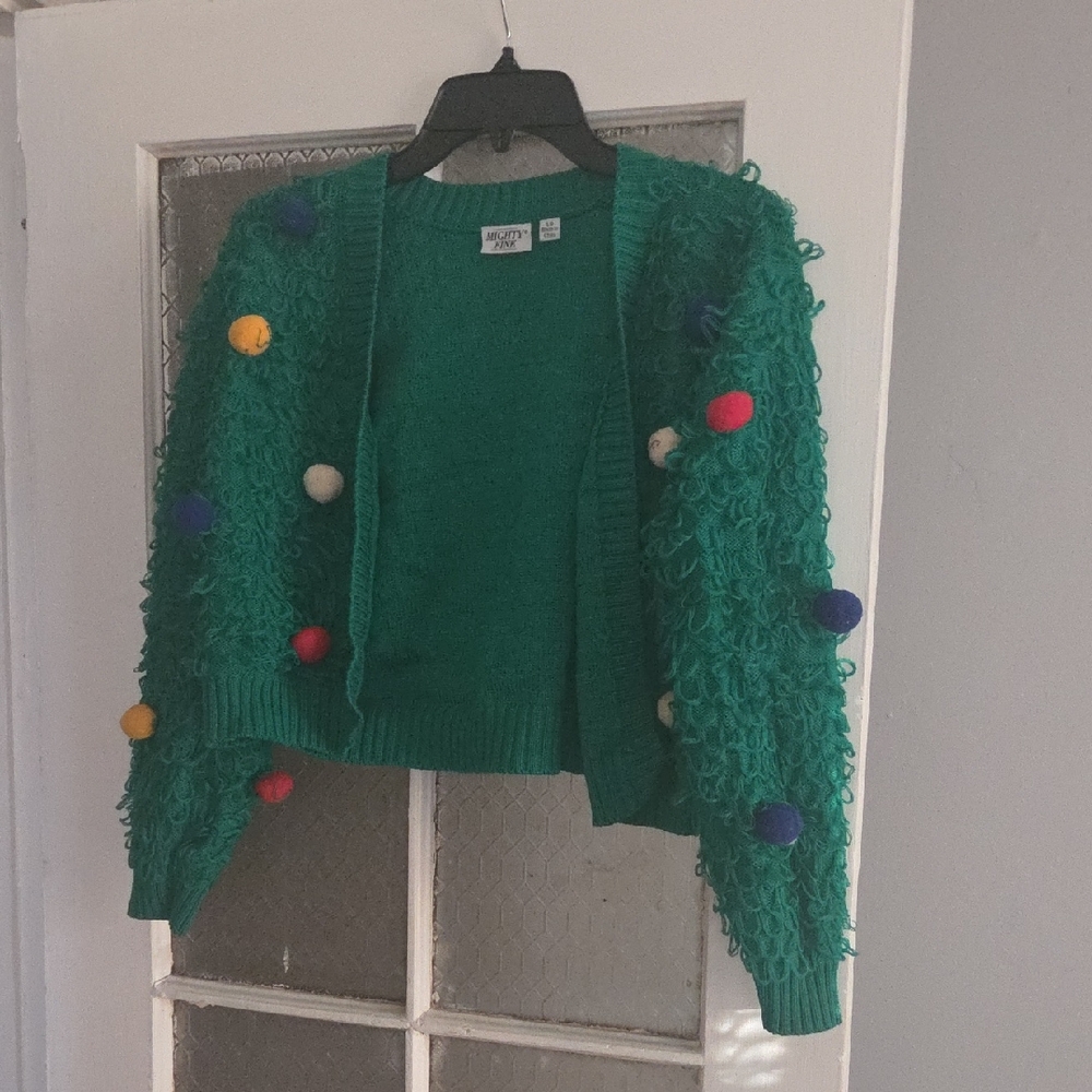 LG Green Cardigan with Colorful Pom-Poms
